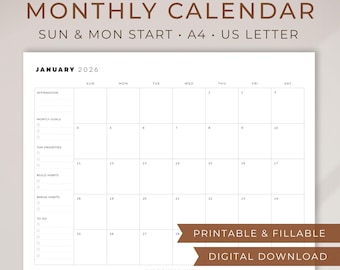 2026 Monthly Planner, Fillable PDF, A4 US Letter (Digital Download)