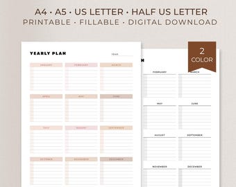 Year at a Glance Yearly Overview Planner Printable Digital Fillable Editable PDF Undated Minimalist Year on One Page A4 Letter A5 Halfletter