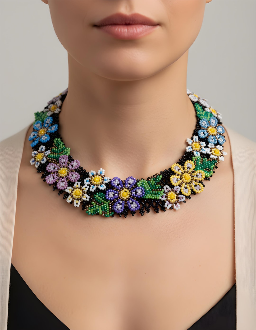 Handmade Flower Patterned Beaded Necklace, - Etsy