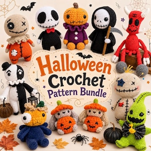 Könnte beinhalten: Eine Sammlung von zehn gehäkelten Halloween-Puppen, darunter eine Figur mit Kürbiskopf, ein Skelett, ein Sensenmann mit Sense, ein roter Teufel und ein grünes Monster, die ein Schild mit der Aufschrift Halloween Crochet Pattern Bundle umgeben.