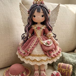 Könnte beinhalten: Eine handgefertigte Häkelpuppe mit langem dunklen Haar, einer goldenen Krone und weißen Flügeln. Die Puppe trägt ein rosa-weißes Kleid mit Rosenapplikationen, eine passende Umhängetasche und Sandalen. Zubehör umfasst einen Sonnenhut, einen Rosenstrauß und eine Truhe.