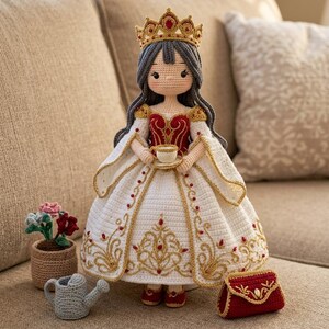Könnte beinhalten: Eine gehäkelte Puppe mit einer goldenen Krone mit roten Akzenten, einem rot-weißen Kleid mit Goldstickerei und roten Schuhen. Die Puppe hält eine kleine weiße Teetasse mit Untertasse. Daneben stehen eine kleine gehäkelte Topfpflanze, eine graue Gießkanne.