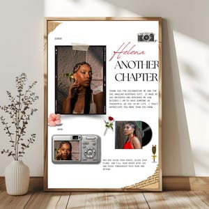 Pode incluir: Uma impressão emoldurada com o texto "Helena Another Chapter" e uma foto de uma mulher. A impressão inclui uma foto de tira de filme, uma foto de câmera digital e uma foto em um disco de vinil. Uma flor rosa e uma rosa também estão incluídas.