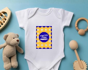 Practice Made Perfect Funny Infant Bodysuit | Yellow Blue Geometric Baby Onesie