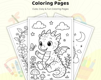 45+ Dragon Coloring Pages, Cute Baby Dragon Coloring Book, Fantasy Cute Dragon Art, Kids Adult Dragon Coloring, Coloring Pages PDF