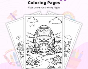 Más de 35 páginas para colorear de huevos de Pascua, láminas de huevos de Pascua decorados, diseños de conejitos y cestas de primavera, patrones de huevos para niños, PDF para colorear imprimible.