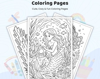 45+ Mermaid Coloring Pages, Fantasy Ocean Coloring Book, Cozy Bold and Easy Art, Teen Girls Kids Coloring, Printable Pages PDF
