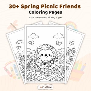 Más de 30 páginas para colorear de amigos en un picnic de primavera, láminas de picnic con animales, libro para colorear de pradera primaveral, páginas de naturaleza kawaii, PDF imprimible de picnic