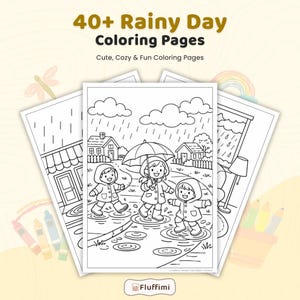 May include: A collection of colouring pages with the text "40+ Rainy Day Coloring Pages". The pages show line drawings of children playing in the rain, houses, and other rainy day scenes. The pages are designed for colouring.
