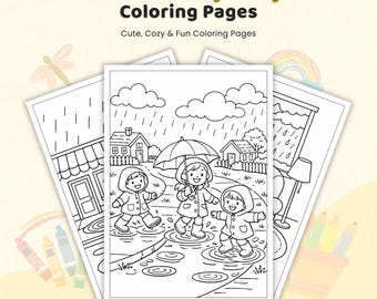 40+ Rainy Day Coloring Pages, Cozy Rain Nature Scenes, Cute Umbrella Coloring Sheets, Weather Activity Book, Printable Rain PDF for Kids