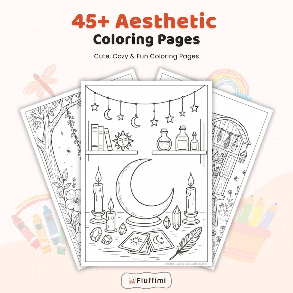 45+ Aesthetic Coloring Pages, Cozy Fantasy Room Page, Cute Whimsical ...