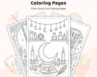 45+ Aesthetic Coloring Pages, Cozy Fantasy Room page, Cute Whimsical Home Scenes, Bold Easy Relax Art, Printable Coloring PDF