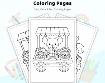 30+ Cute Animal Market Coloring Pages, Animal Shop Coloring Book, Kawaii Farmers Market, Vendor Grocery, Printable Market Coloring PDF