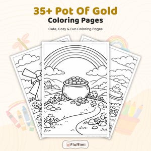 May include: Three black and white coloring pages with illustrations of a pot of gold, a rainbow, and a windmill. The text at the top of the image reads "35+ Pot Of Gold Coloring Pages". The pages are designed for coloring.