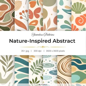 May include: A collection of seamless patterns with nature-inspired abstract designs. The patterns feature organic shapes, leaves, and floral elements in a palette of earthy tones, including orange, green, and brown. The text reads "Nature-Inspired Abstract".
