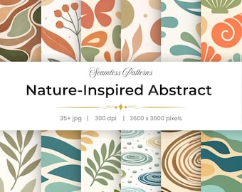 35+ Nature Inspired Abstract Seamless Pattern Bundle, Organic Boho Backgrounds, Earthy Leaf Wave Pebble Textures for Sublimation, Fabric POD
