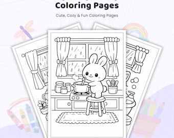 30+ Rainy Day Cozy Room Coloring Pages, Kawaii Indoor Animal Sheets, Rainy Window Book, Relaxing Home Art, Printable Coloring PDF