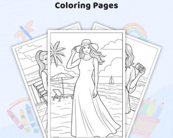 Más de 40 páginas para colorear de moda playera, libro para colorear de moda de verano, láminas para parejas en la playa, imprimibles de lujo para vacaciones, PDF de moda costera