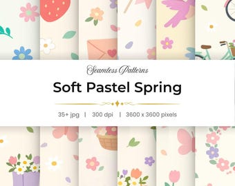 Paquete de más de 35 patrones primaverales sin costuras, estampados florales en tonos pastel, papel digital suave, fondos sin costuras para sublimación, diseños para impresión bajo demanda.