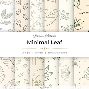 May include: A set of seamless patterns with minimalist leaf designs. The patterns showcase leaves and branches in green and black on a cream backdrop. The text "Minimal Leaf" is visible. The image is 3600 x 3600 pixels.
