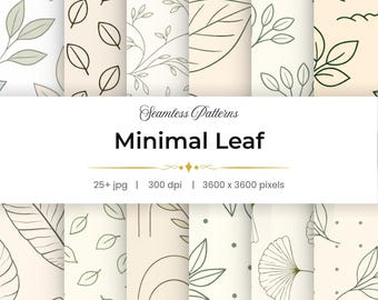 25+ Minimal Leaf Seamless Pattern Bundle, Botanical Line Art Backgrounds, Neutral Nature Repeating Patterns for Fabric, Sublimation, POD