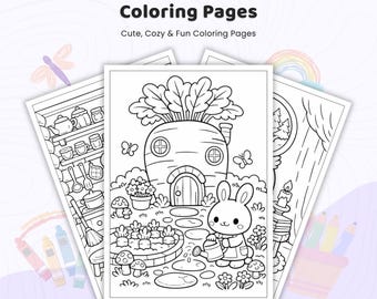 35+ Woodland Animal Homes Coloring Pages, Forest House Coloring Sheets, Woodland Cottage Coloring Book, Cozy Mushroom House, Printable PDF