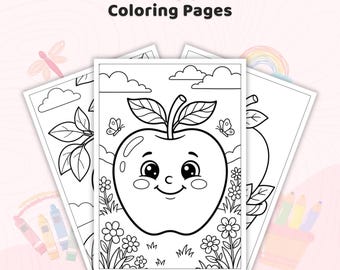 35+ Apple Coloring Pages, Kawaii Fruit Adult Coloring Book, Simple Bold Line Sheets,  Cartoon Art, Printable PDF Coloring Sheets