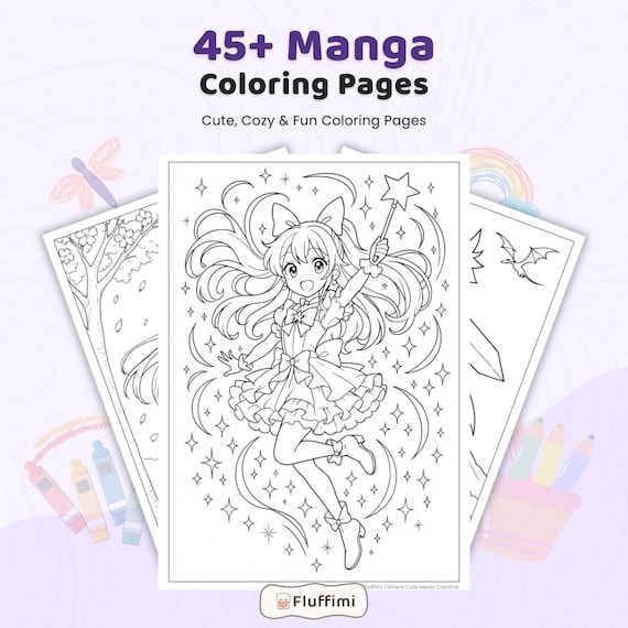 Manga Coloring Book, 45+ Anime Girls, Fantasy Fairies (Printable PDF)
