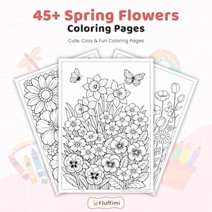 May include: A collection of spring flower coloring pages. The pages feature detailed line drawings of various flowers, butterflies, and the text "45+ Spring Flowers Coloring Pages". The pages are designed to be colored in, offering a fun and creative activity.