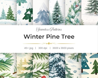 45+ Winter Pine Tree Seamless Patterns, Watercolor Snowy Forest Trees, Winter Fabric and POD Backgrounds, Seamless JPG Pack Instant Download