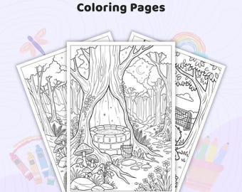 30+ Magical Enchanted Forest Coloring Pages, Fantasy Forest Coloring Book, Mystic Woodland Landscapes, Detailed Fairy Woods, Printable PDF