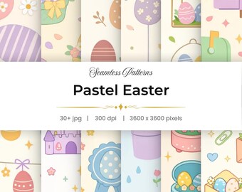 Más de 30 patrones sin costuras de Pascua en tonos pastel, paquete de papeles digitales de primavera con estética suave para sublimación, diseño de telas, scrapbooking y proyectos de impresión bajo demanda.