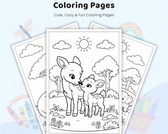40+ Cute Mom and Baby Animals Coloring Pages, Animal Mother and Baby Sheets, Cute Animal Family Book, Kawaii Baby Animals, Printable PDF