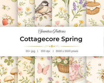 Más de 30 diseños sin costuras estilo Cottagecore para primavera, papel digital floral, patrones de naturaleza en acuarela, papel para álbumes de recortes, diseños para impresión bajo demanda por sublimación.