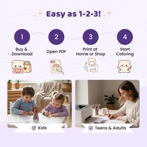Może przedstawiać: Infografika z tekstem "Easy as 1-2-3!". Pokazuje kroki, aby kupić, pobrać, wydrukować i zacząć kolorować. Obraz zawiera ilustracje misia, dokumentu PDF, drukarki oraz dzieci i dorosłych kolorujących.