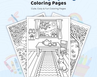 Más de 45 páginas para colorear primaverales acogedoras, escenas primaverales estéticas, paisajes primaverales, diseños de naturaleza apacible, hoja para colorear imprimible en PDF.