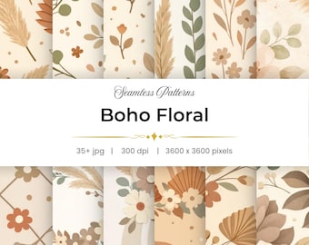35+ Boho Floral Seamless Patterns, Neutral Digital Paper, Fabric Patterns for Sublimation, Botanical Scrapbook Paper