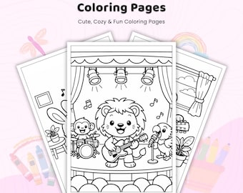 30+ Animal Music Band Coloring Pages, Kids Animal Musicians, Musical Creatures, Kawaii Animal Concert, Printable Coloring PDF