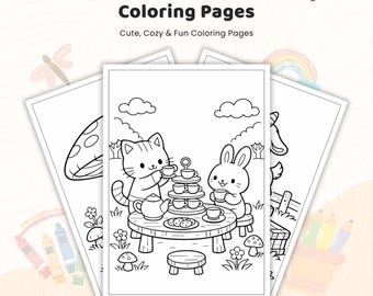 30+ Forest Tea Party Coloring Pages, Woodland Animal Tea Time, Cute Kawaii Garden Party, Forest Animals Coloring Book, Printable PDF