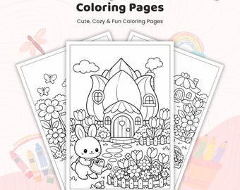 40+ Blooming Flower Village Coloring Pages, Floral Cottage Sheets, Garden Animal Book, Spring Flower Town, Printable Village PDF