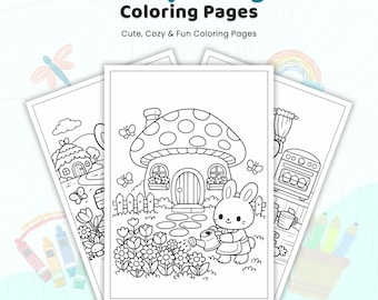 40+ Bunny Village Life Coloring Pages, Rabbit Coloring Book, Spring Bunny Countryside Sheets, Rabbit Garden Cottage, Printable PDF