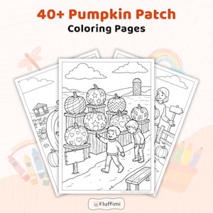May include: A digital collection of 40+ Pumpkin Patch Coloring Pages featuring black and white line art. The central page shows two children in a pumpkin patch with pumpkins on wooden crates, clouds, and a silo. The text reads 40+ Pumpkin Patch Coloring Pages.