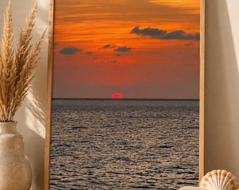Beach Sunset Wall Art Ocean Sunset Print Coastal Decor Orange Sky Aesthetic Wall Art