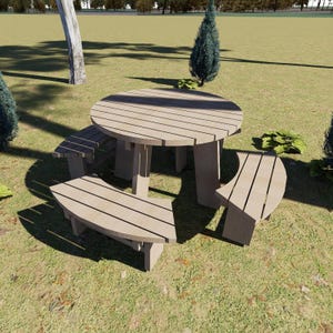May include: A light brown wooden picnic table set with a round table and two curved benches. The table has a slatted top and is supported by four legs. The benches are also slatted and have curved backs. The set is outdoors on a grassy area.
