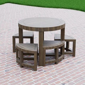 May include: A round outdoor dining set with a dark wood grain finish. The set includes a circular table and four semi-circular stools. The table is supported by a central column and the stools fit around the table.