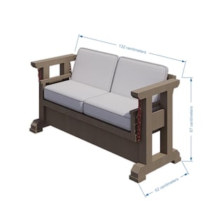 May include: A two-seater outdoor sofa with a wooden frame and white cushions. The sofa is 52 inches wide, 26 inches high, and 24 inches deep. The arms have decorative red accents.