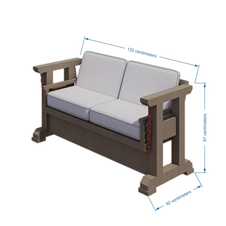 May include: A two-seater outdoor sofa with a wooden frame and white cushions. The sofa is 52 inches wide, 26 inches high, and 24 inches deep. The arms have decorative red accents.