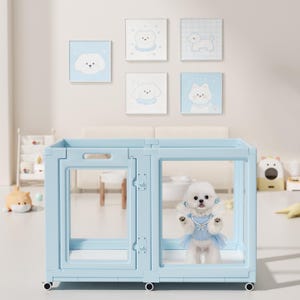 Könnte beinhalten: Ein hellblaues Haustiergehege mit transparenten Paneelen, in dem sich ein kleiner weißer Hund in einem blauen Kleid und Accessoires befindet. Das Gehege steht auf Rädern. Darüber hängen vier gerahmte Bilder von Cartoon-Hunden an der Wand.