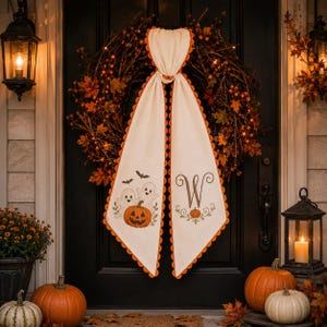 Personalized Halloween Wreath Sash Bow, Custom Ghost Pumpkin Door, Monogram Front Door Wreath, Spooky Fall Porch Decor, Halloween Wreath
