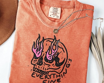 Everything Is Fine Shirt, Retro Grunge Tee, Funny Skeleton Shirt, Sarcastic Festival Shirt, Comfort Colors Rebel Pink Flames Tee